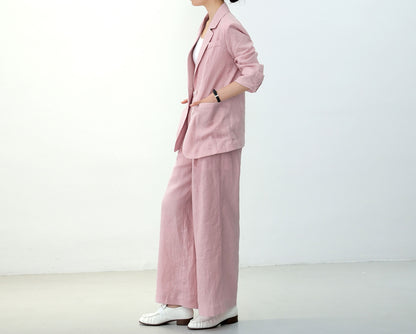 edoa Pink Wide Leg Linen Pants with pockets
