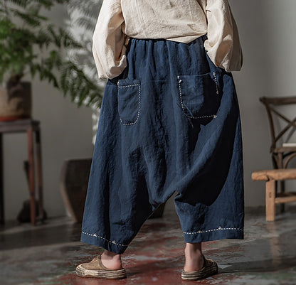 edoa Loose Drop Crotch Linen Harem Pants