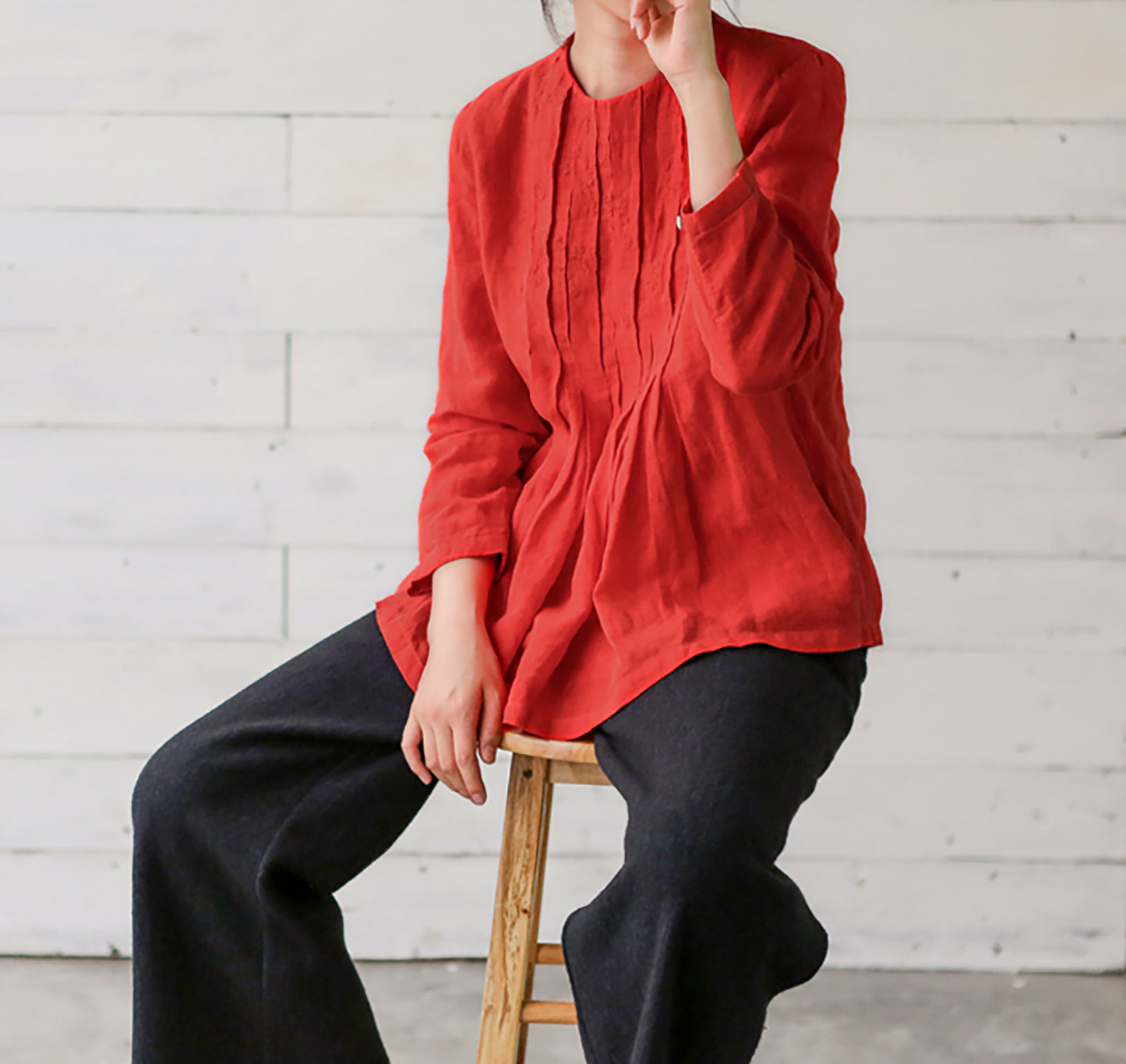 edoa Pleated Trapezed Linen Blouse with Toned Hand Embroidery