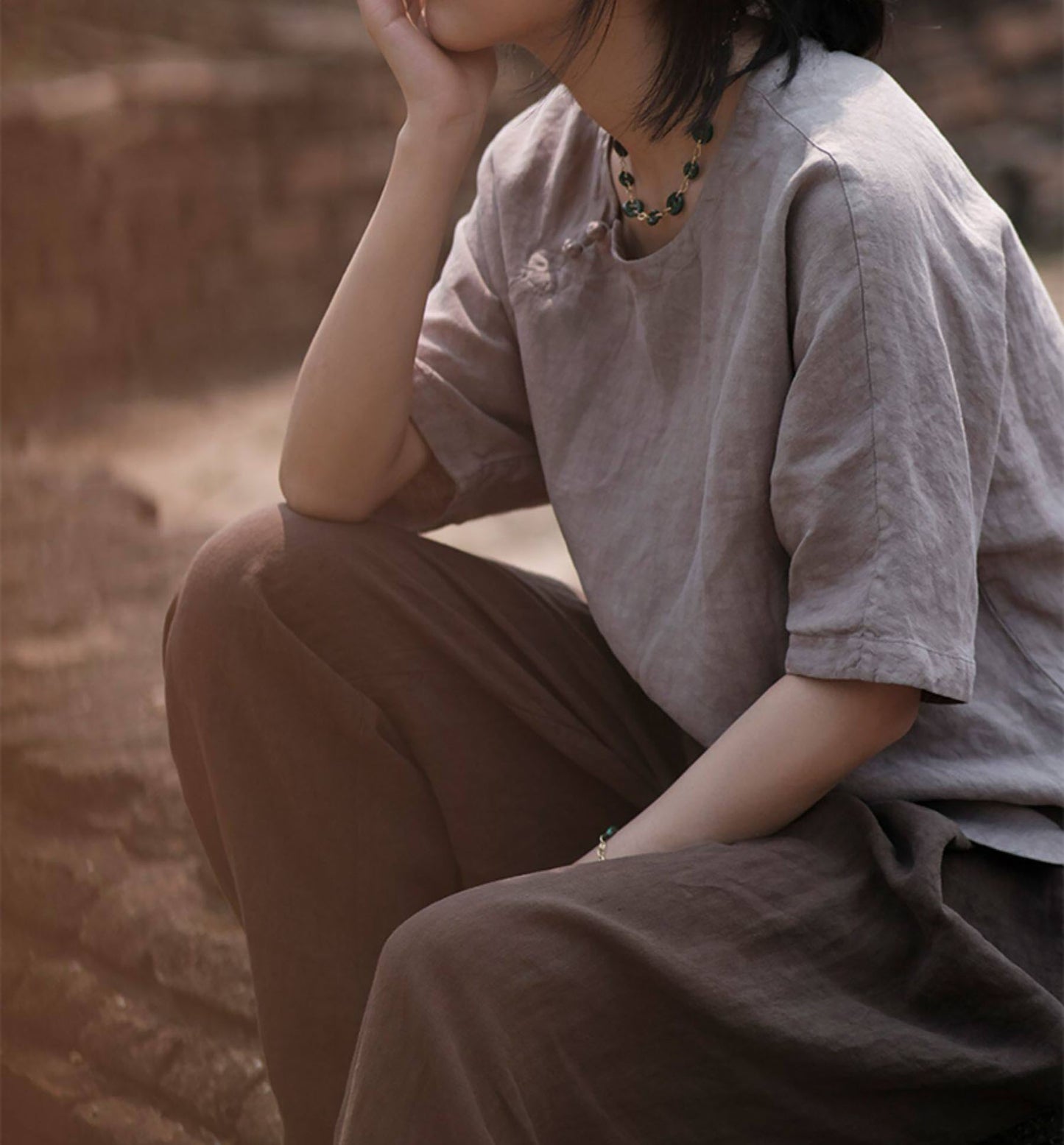 edoa Washed Linen Chinese Style Blouse