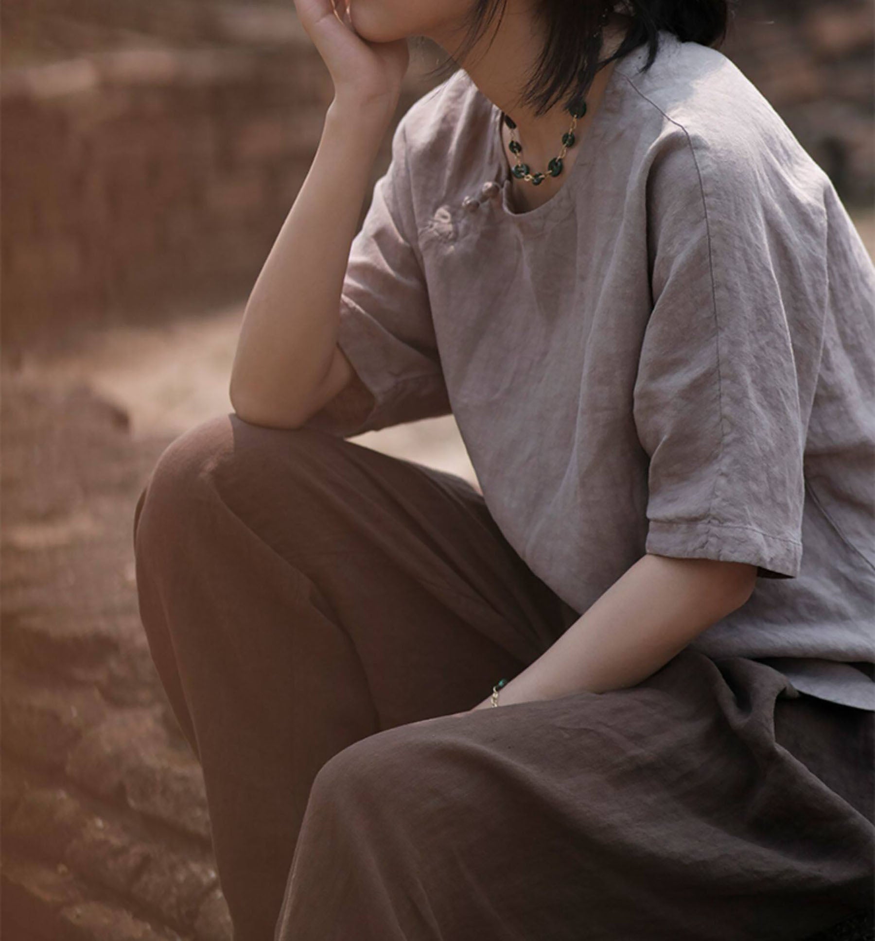 edoa Washed Linen Chinese Style Blouse