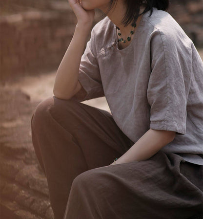 edoa Washed Linen Chinese Style Blouse