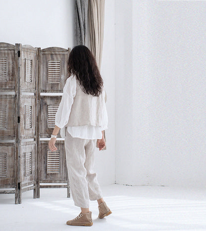 edoa Flax Linen Pants with Pintuck at Waist 