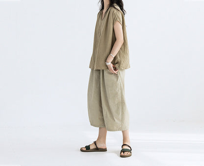 edoa Super Loose Fitting Yarn Dyed Linen V-neck Top