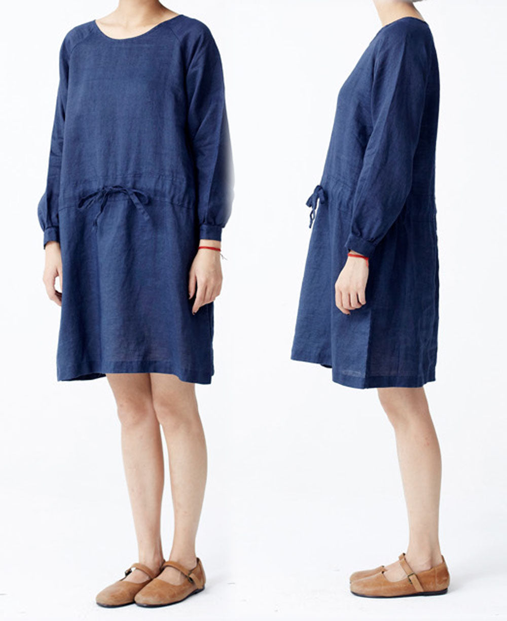 edoa Round Neck Long Sleeve Ramie Dress