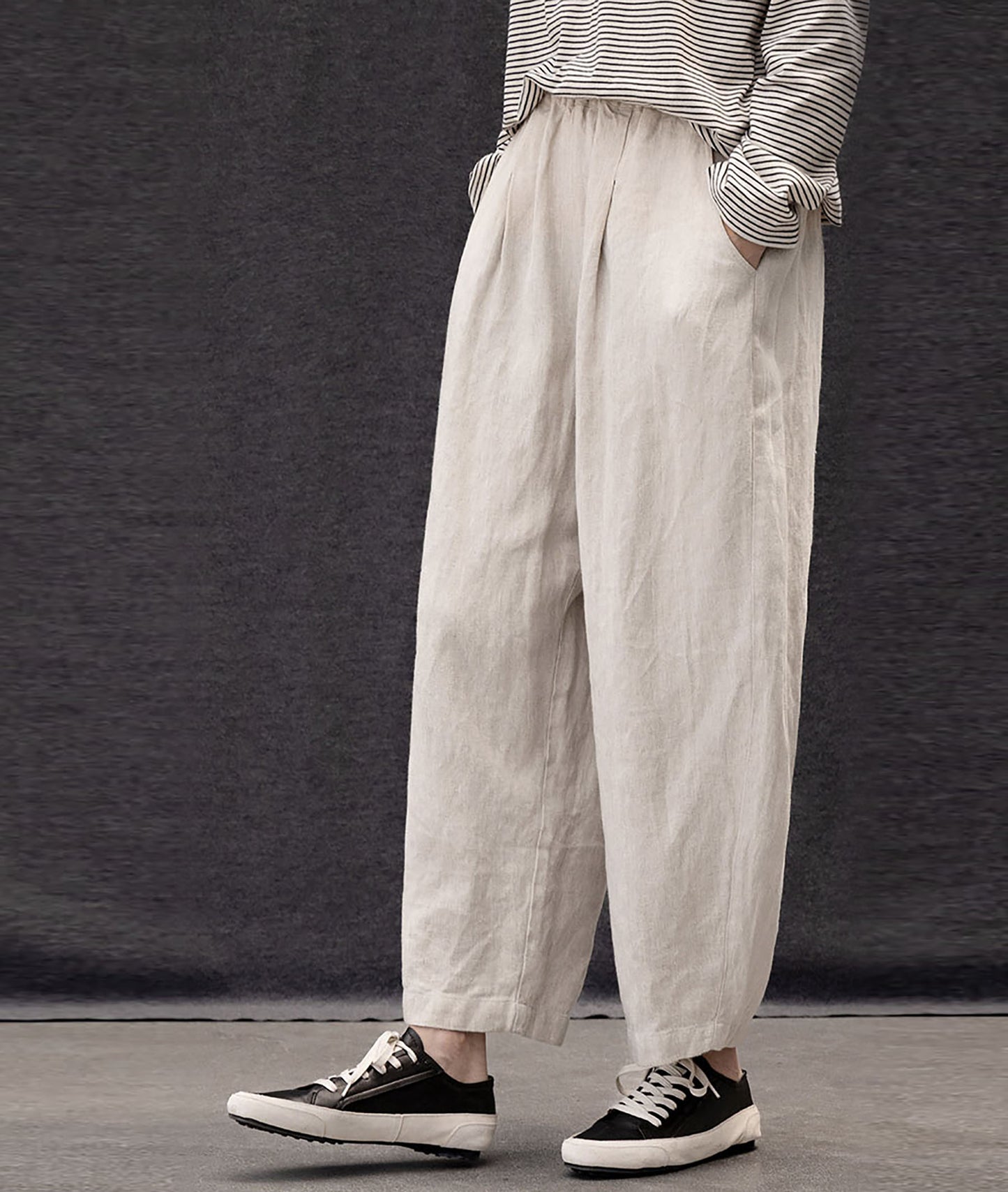 edoa Twill Flax Linen Tapered Pants with Elastic Waistband