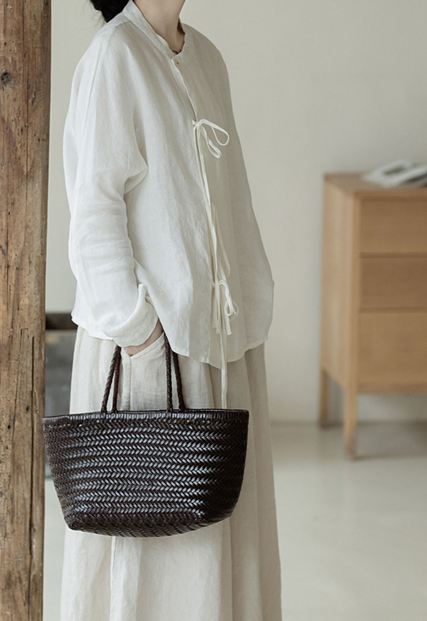 edoa Off White Linen Tie Blouse