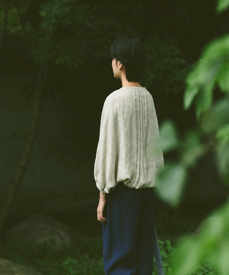 edoa Double Layer Linen Victorian Blouse with Balloon Sleeve