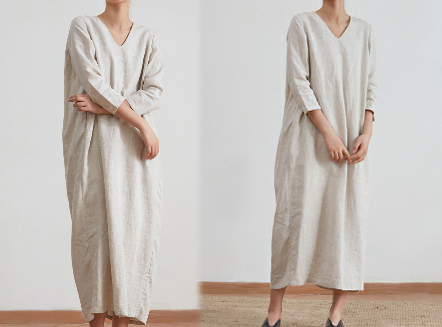 edoa Flax Linen V-neckline Cocoon Dress 