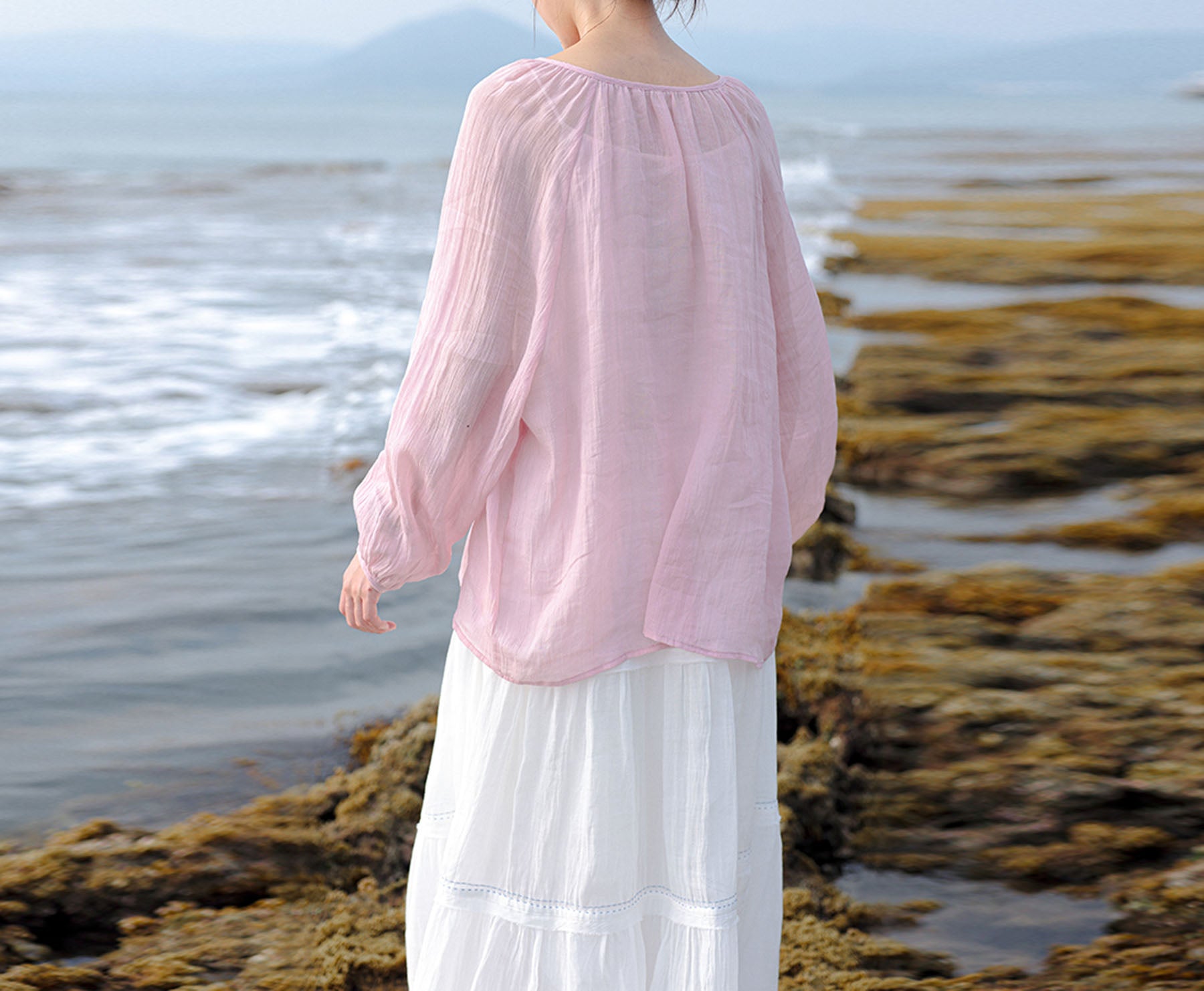 edoa Loose Pink Crinkled Ramie Rayon Blend Chinese Blouse