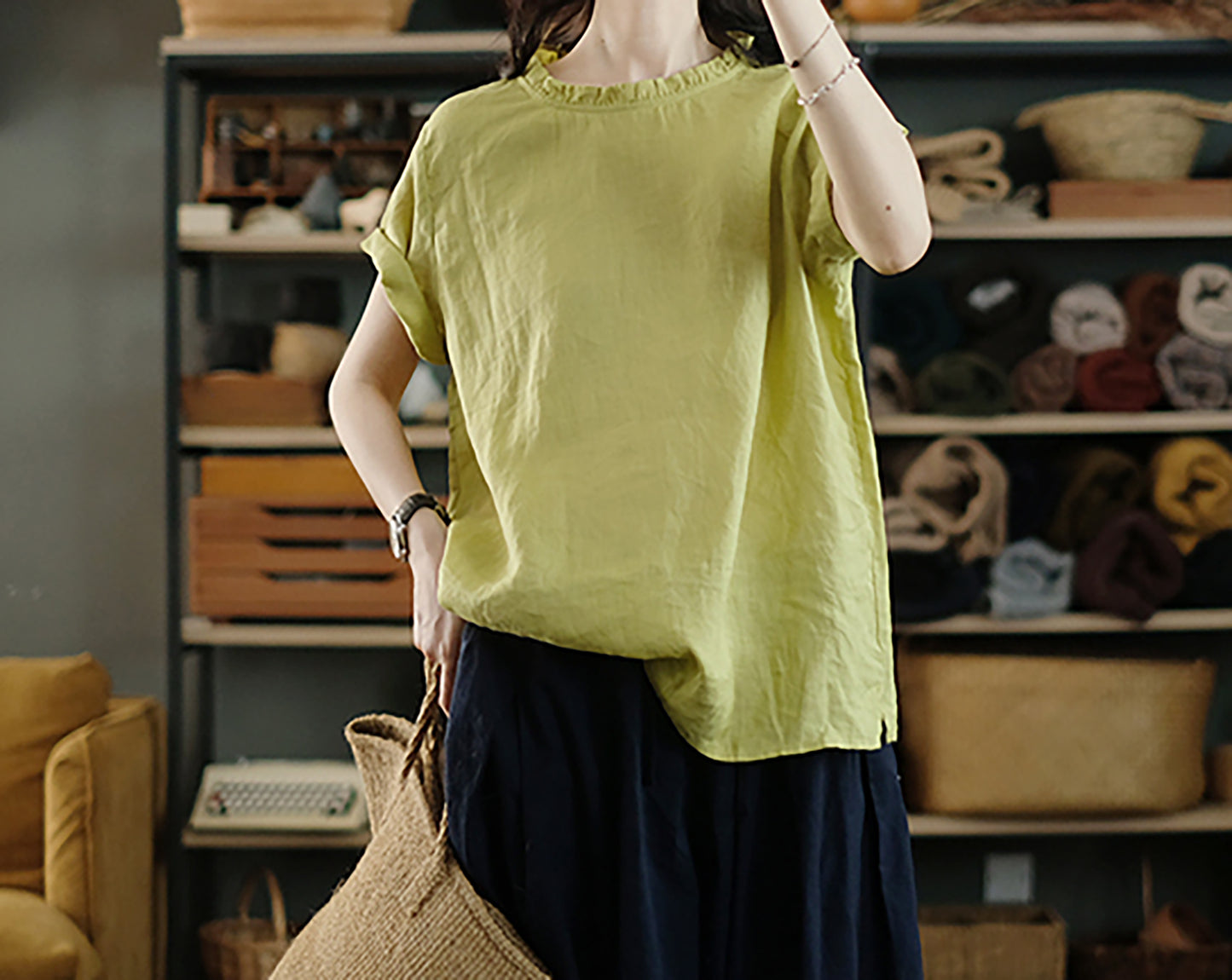 edoa Washed Linen Ruffle Shirt