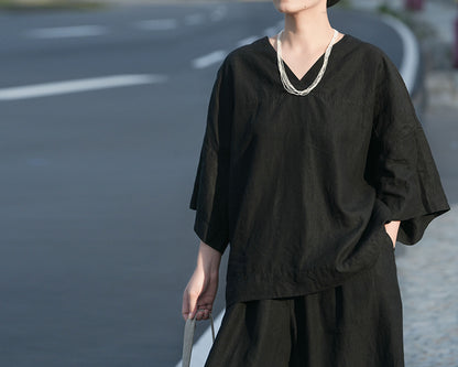 edoa Loose Heavy Weight Washed Linen V-neck Tee