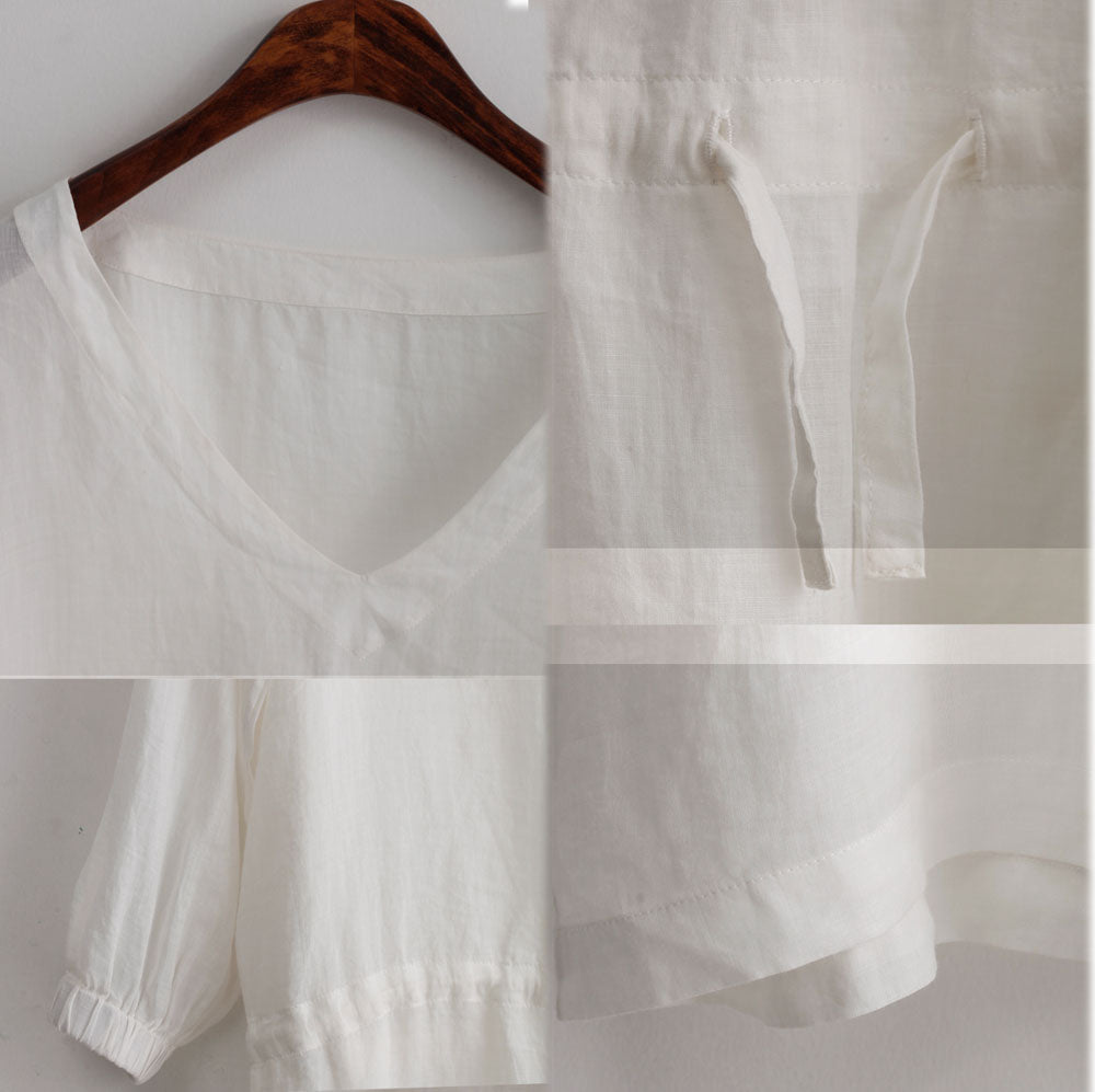 edoa Washed Ramie V-neck Bracelet Sleeve Dress 