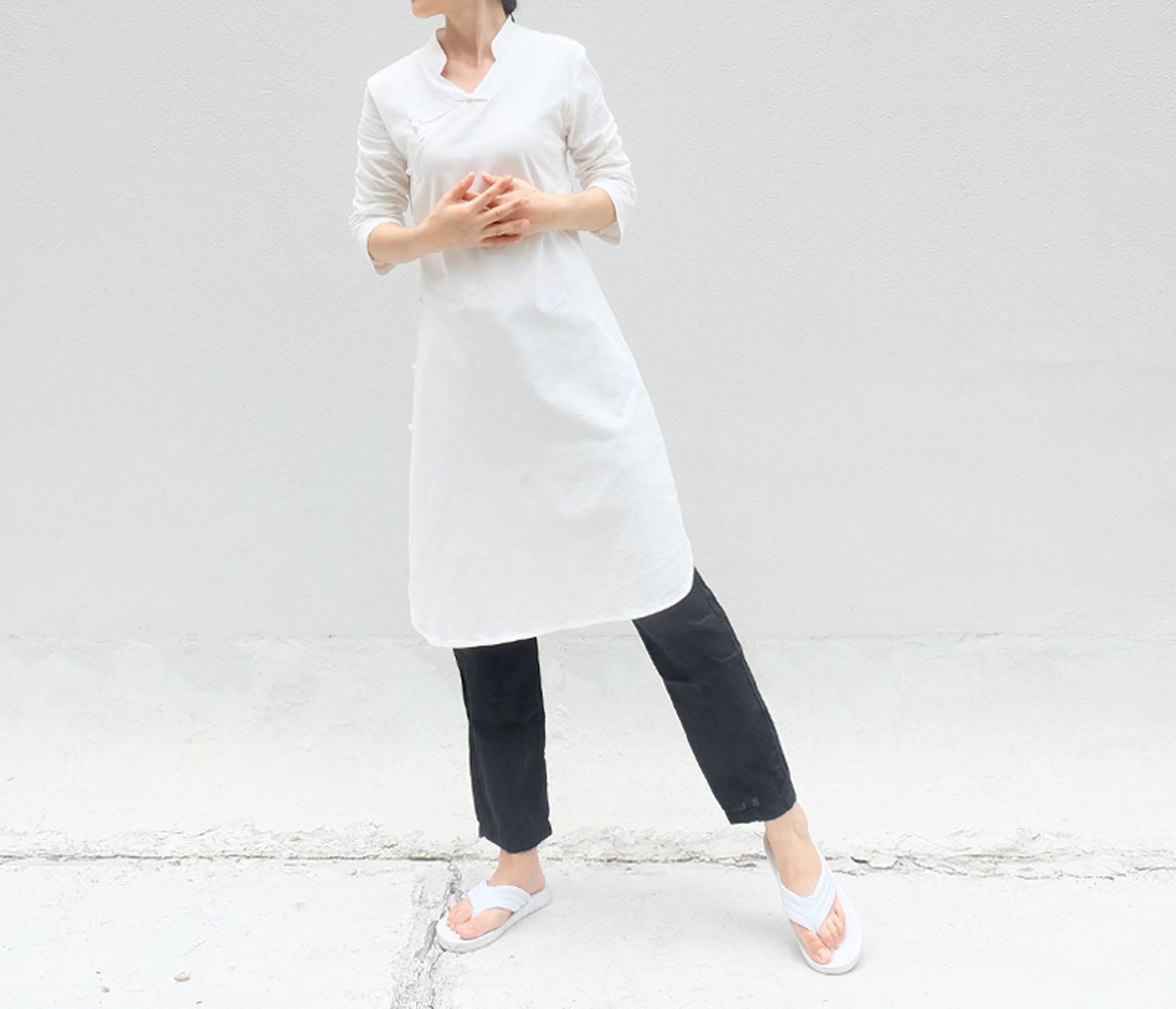 edoa High Counted Knit Cotton Cheongsam Dress