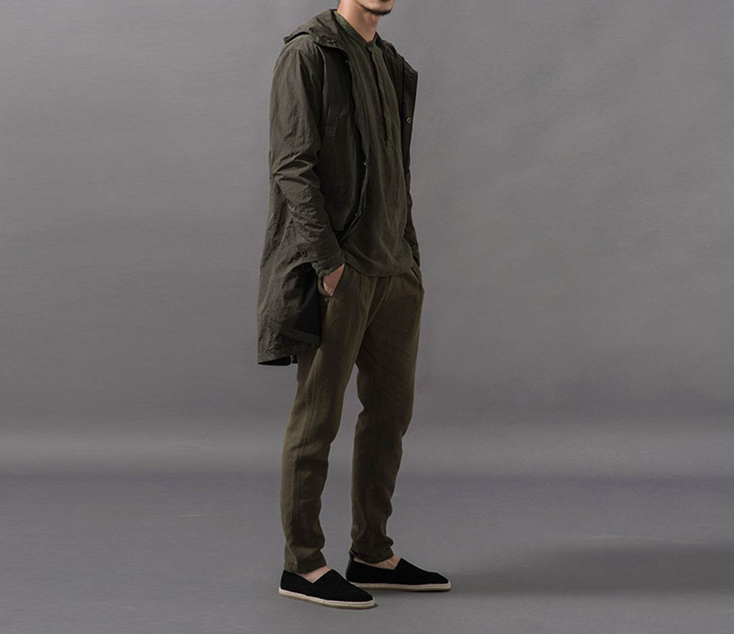 edoa Stand Collar Moss Green Washed Linen Shirt 