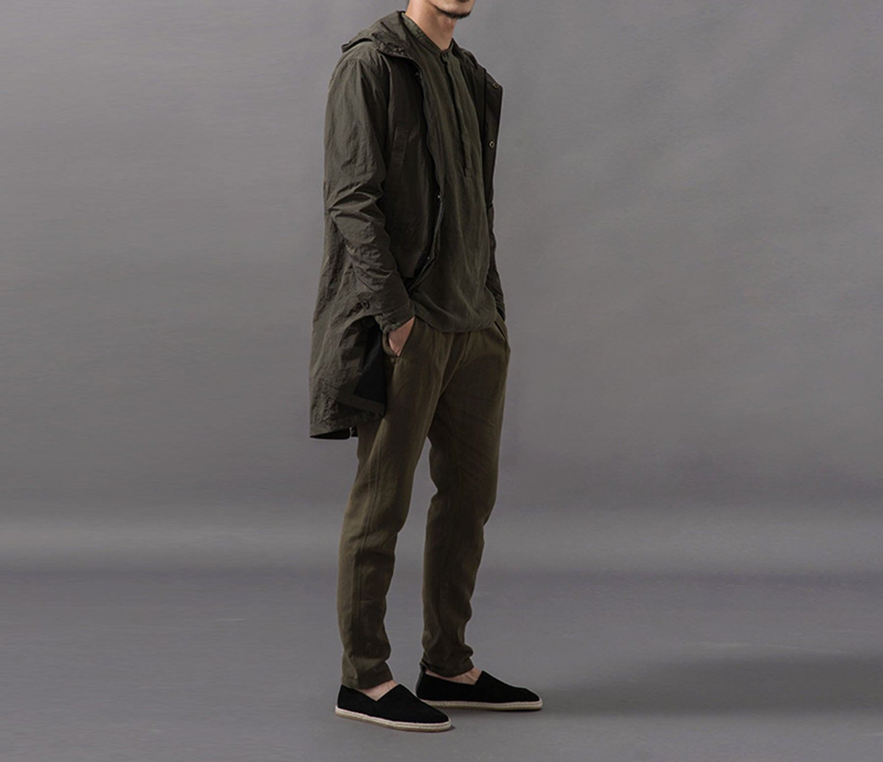 edoa Stand Collar Moss Green Washed Linen Shirt 