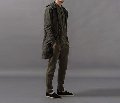 edoa Stand Collar Moss Green Washed Linen Shirt 