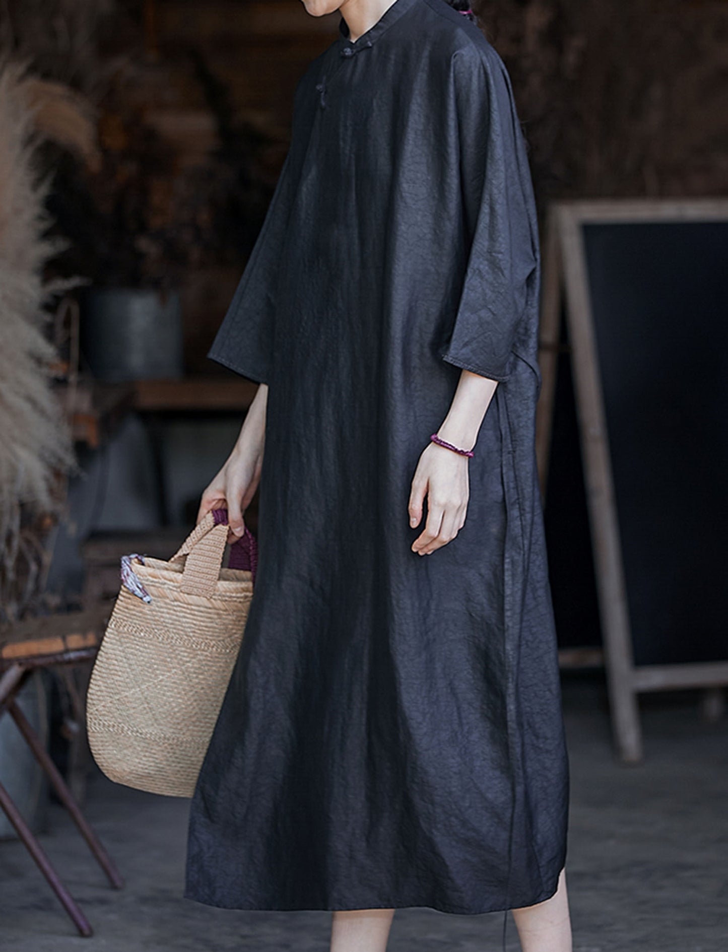 edoa Loose Fitting Cracked Mud Silk Qipao Dress 