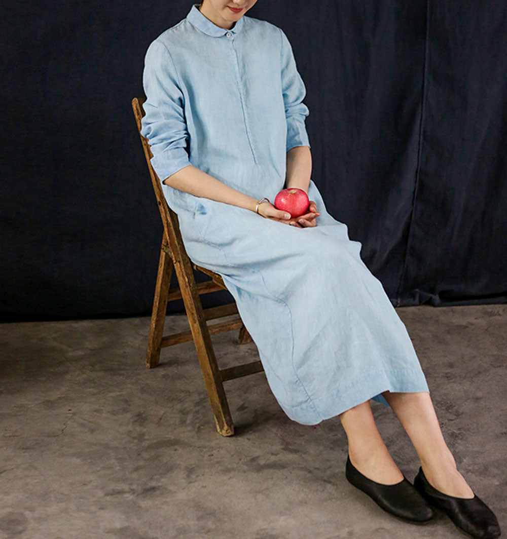 edoa Yarn Dyed Linen A Line Shirtdress