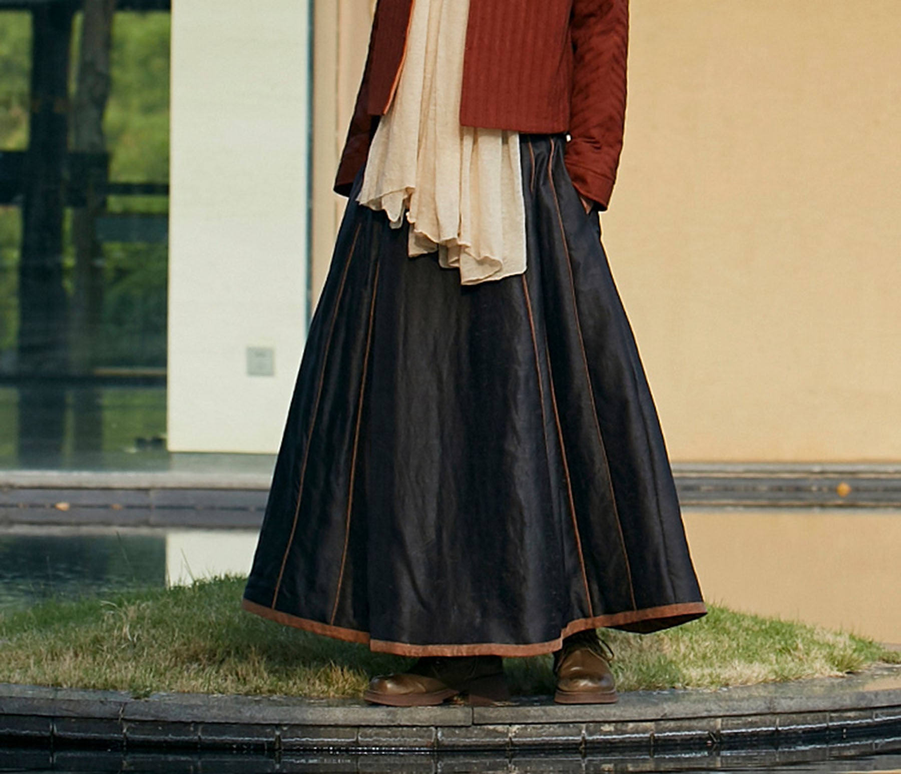 edoa Cracked Mud Silk Padded Chinese Mamianqun Pleated Skirt