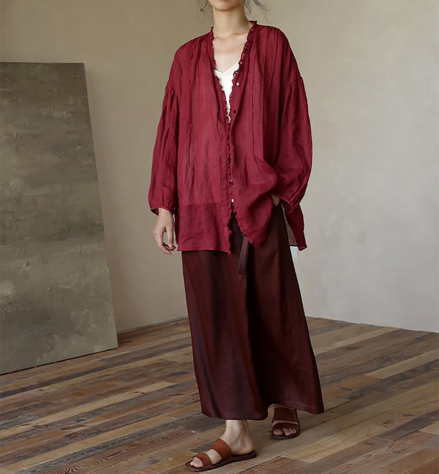 edoa Thin Ramie Pintuck Poet Blouse