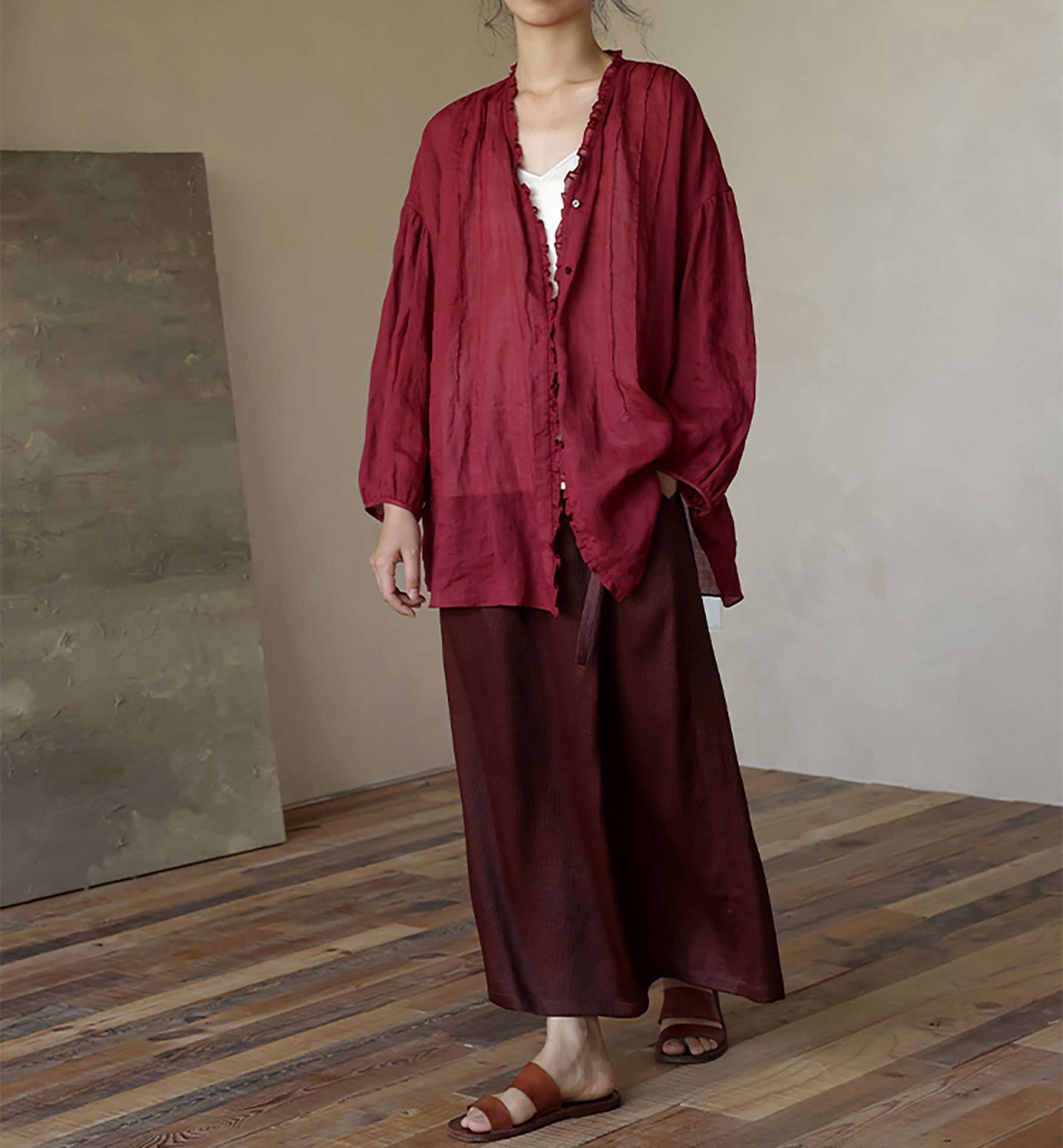 edoa Thin Ramie Pintuck Poet Blouse