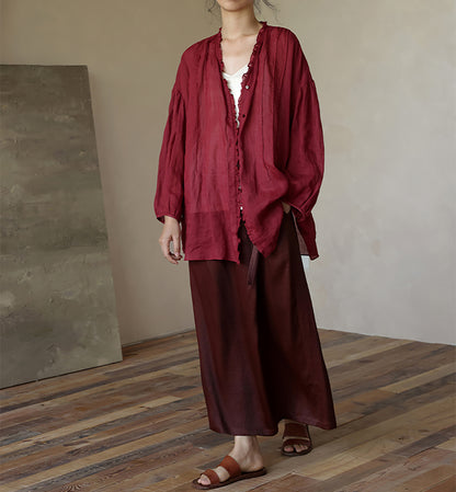 edoa Thin Ramie Pintuck Poet Blouse