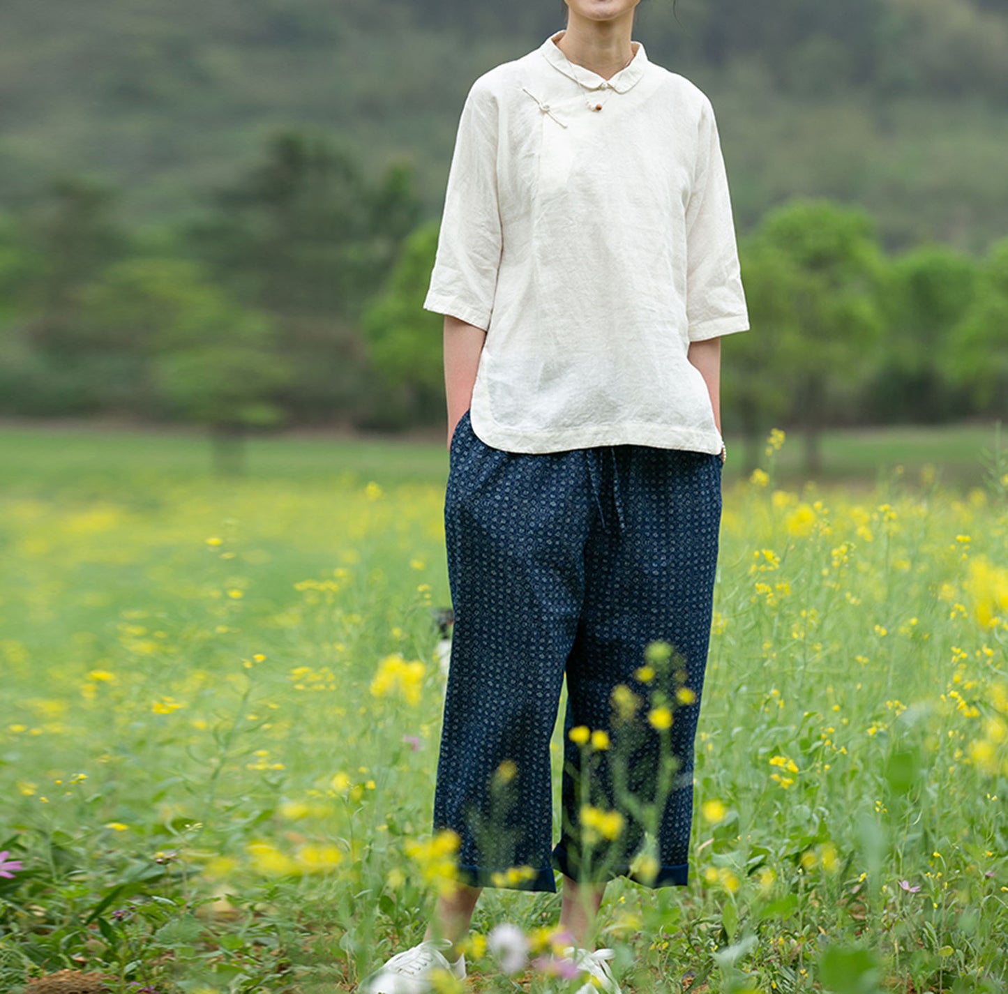 edoa Washed Linen Modified Qipao Top