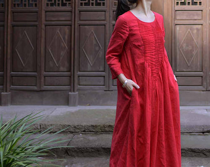 edoa Hand Pintucked Linen Floor-length Dress