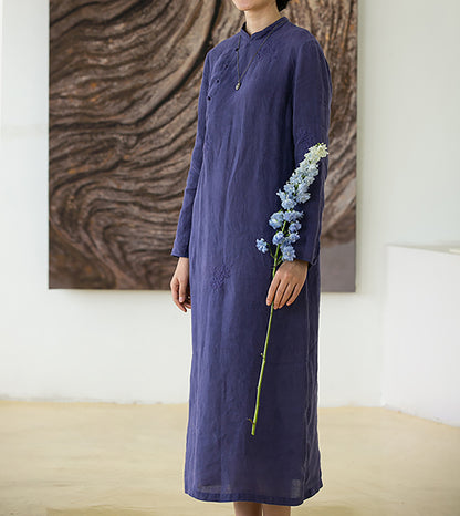 edoa Embroidered Linen Qipao Dress