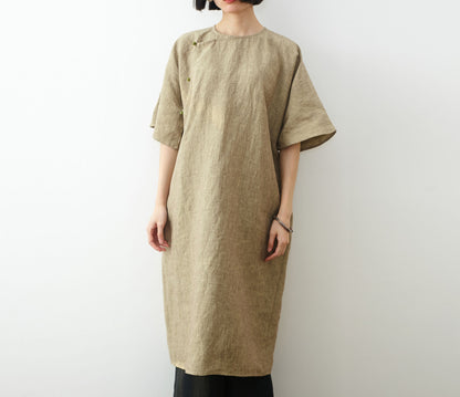 edoa Loose Fitting Yarn Dyed Linen New Chinese Dress