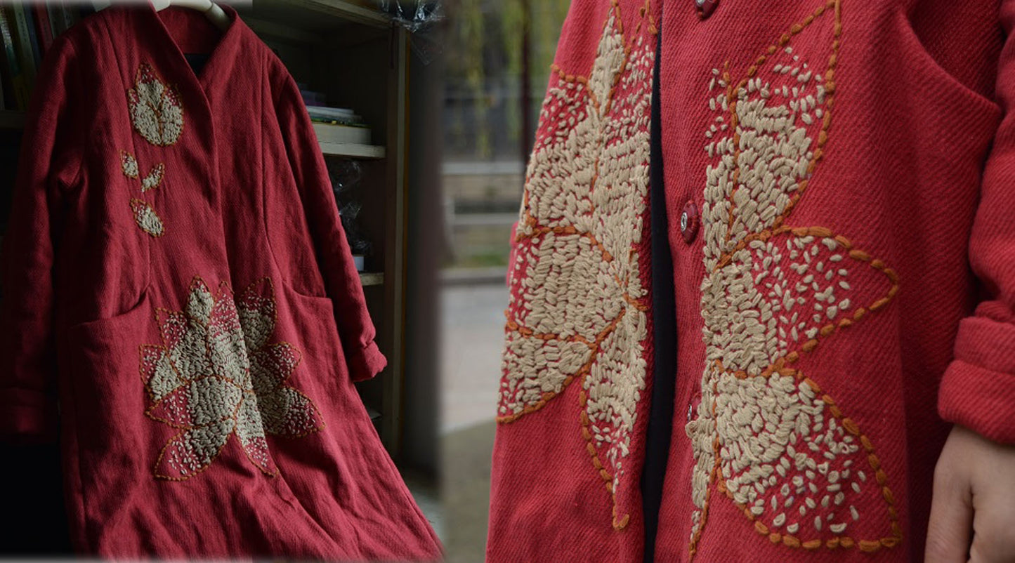 Twill Linen Padding Coat with Hand Embroidery co0209 446