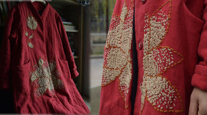 Twill Linen Padding Coat with Hand Embroidery co0209 446