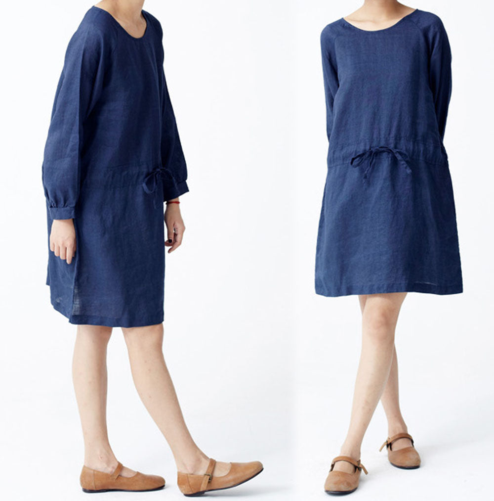 edoa Round Neck Long Sleeve Ramie Dress