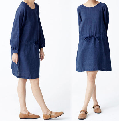 edoa Round Neck Long Sleeve Ramie Dress
