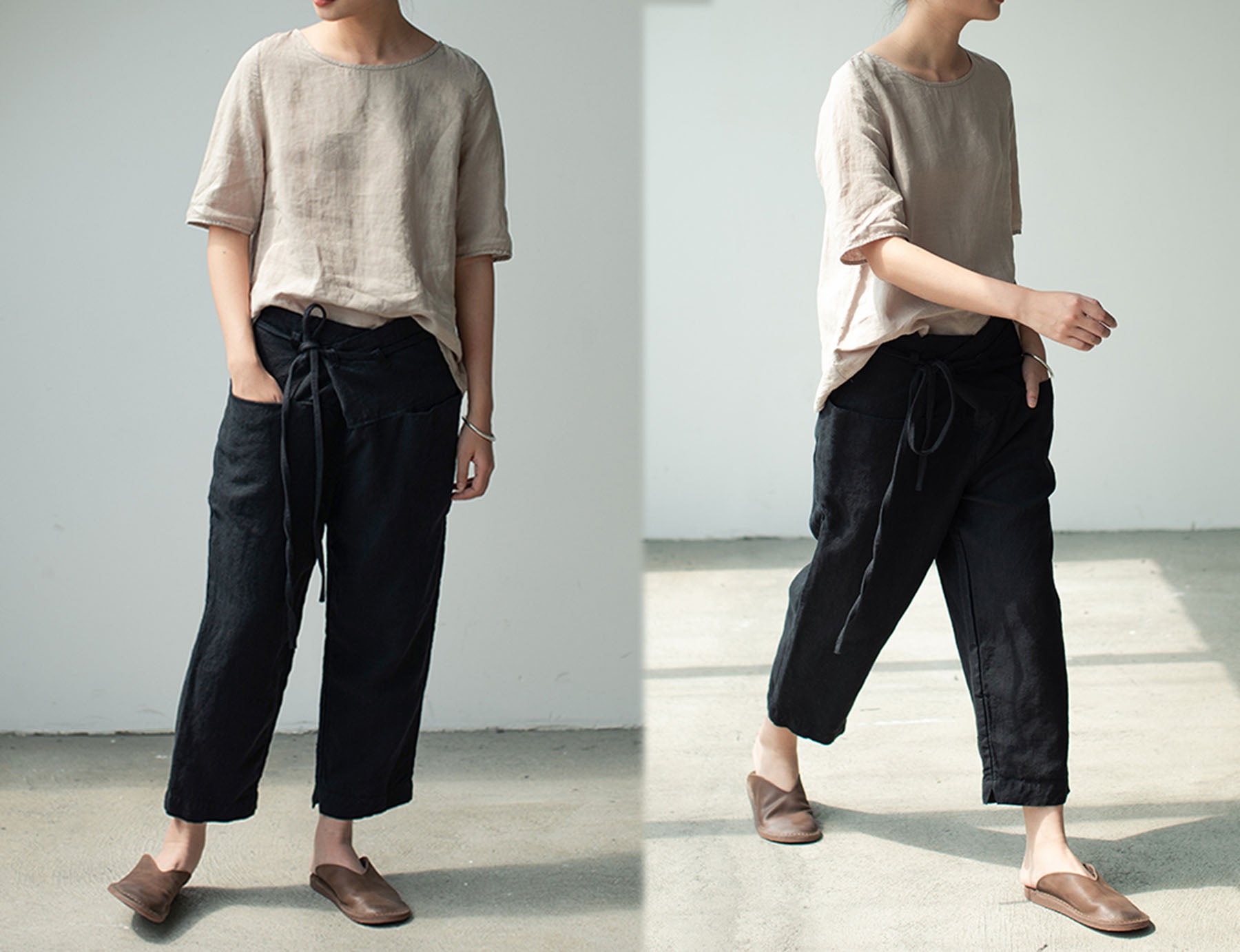 edoa Loose Fitting Pleated Linen Pants