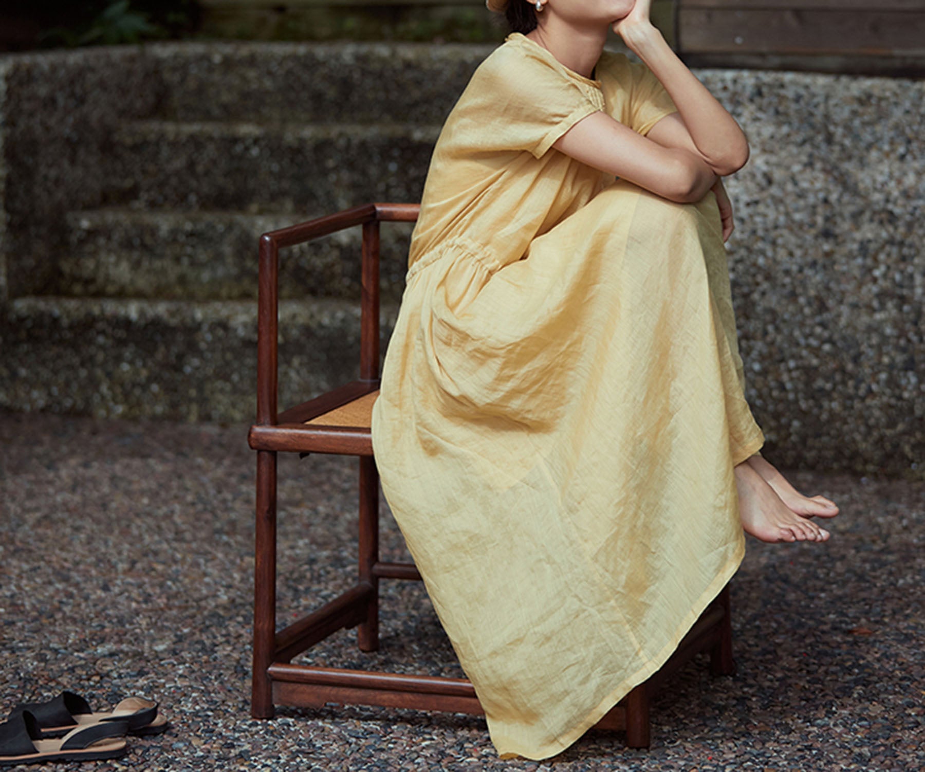 edoa French Knot Embroidery Ramie Dress 