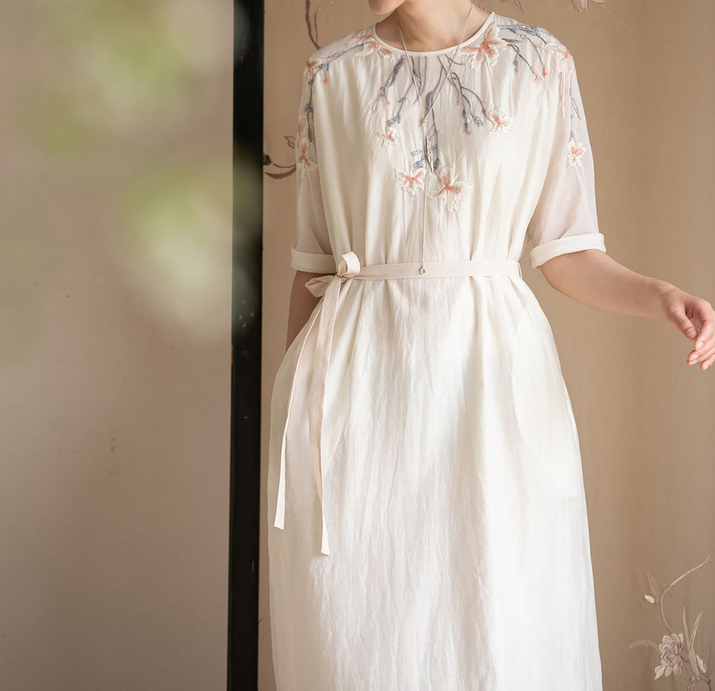 edoa Cotton Silk Blend Hand Embroidered Dress 