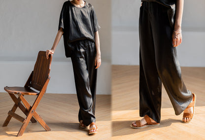 edoa Loose Fitting Mud Silk Crepe Satin Wide-leg Pants 