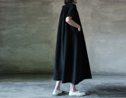 edoa Linen Gathering Neck A-line Tie Dress