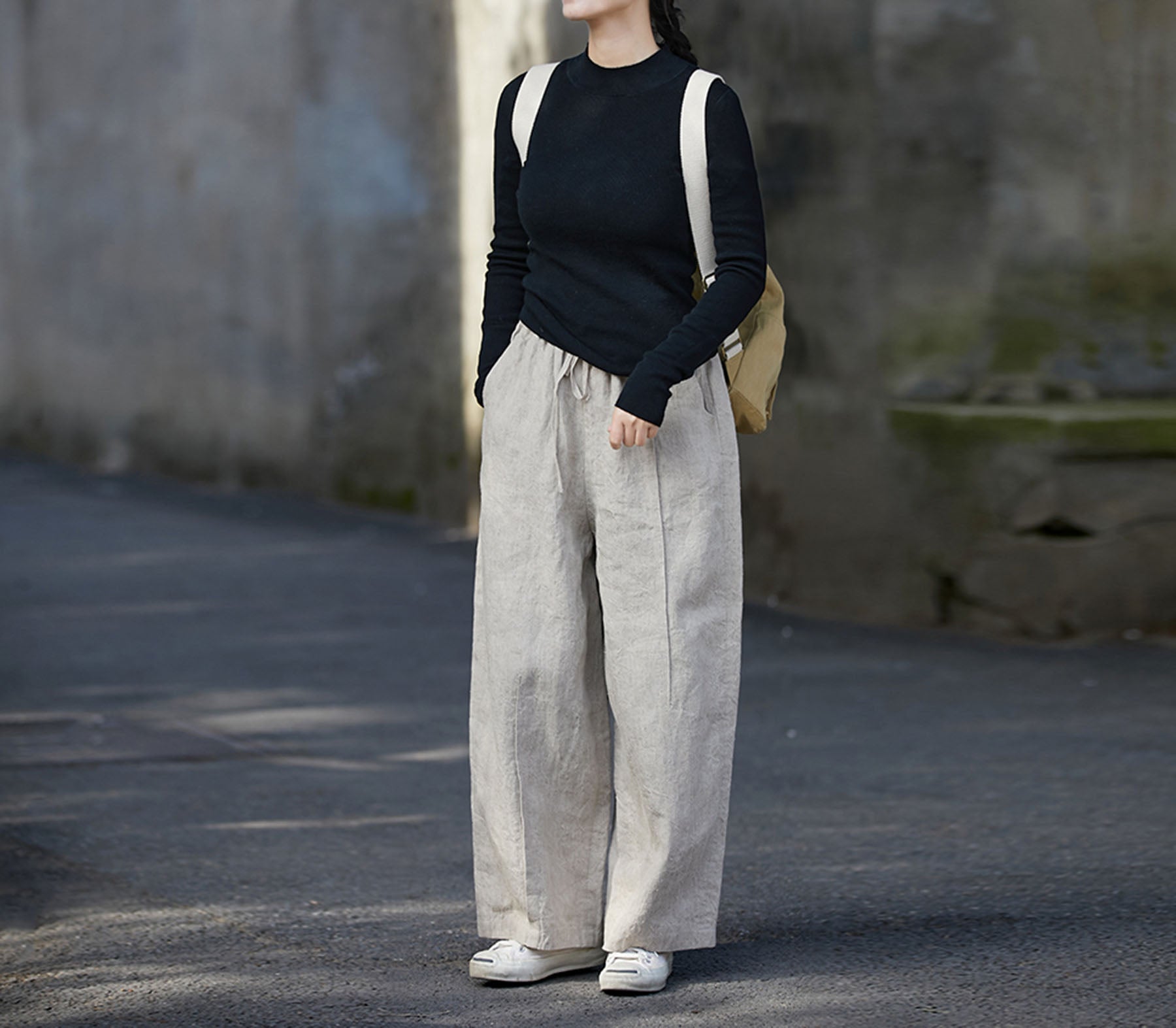 edoa Linen Asymmetric Tucks Wide Leg Crop Pants