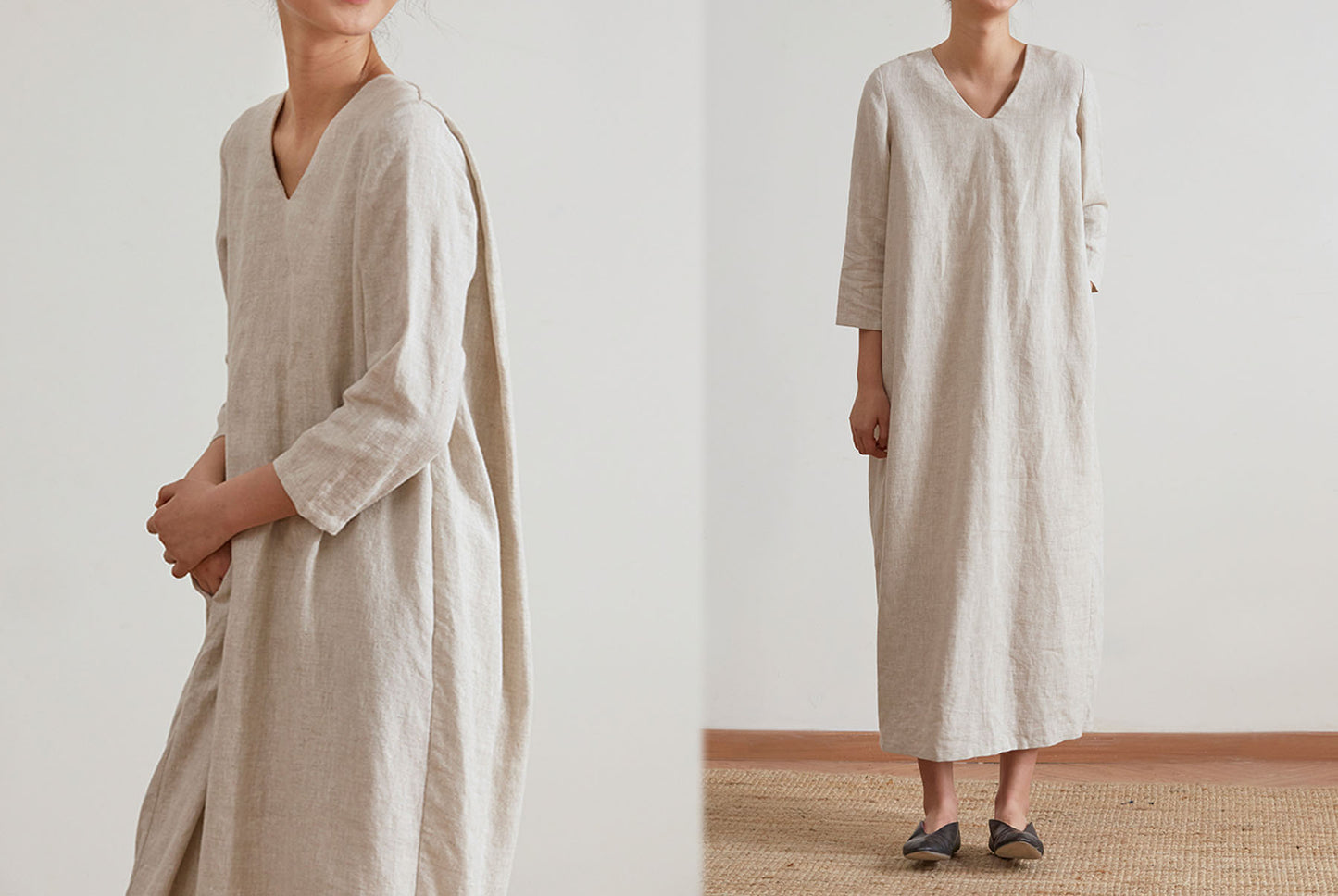 edoa Flax Linen V-neckline Cocoon Dress 
