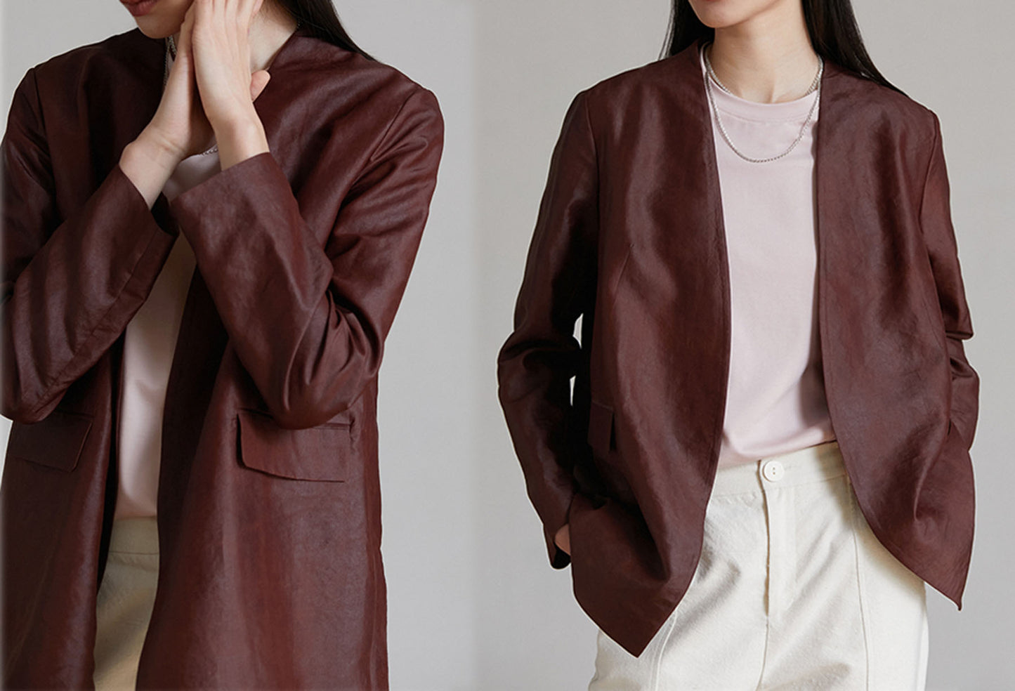 edoa Rusty Mud Silk Collarless V-neck Blazer
