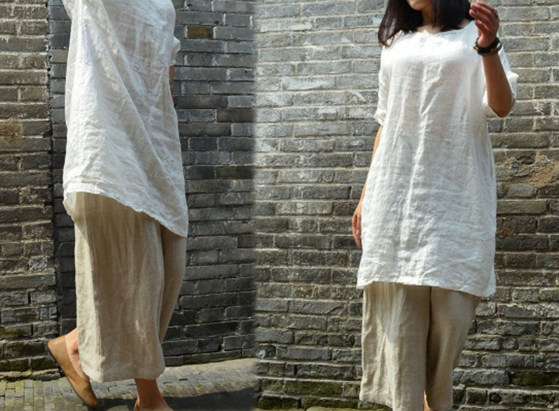 edoa Loose Fitting Linen Cropped Wide Leg Pants 