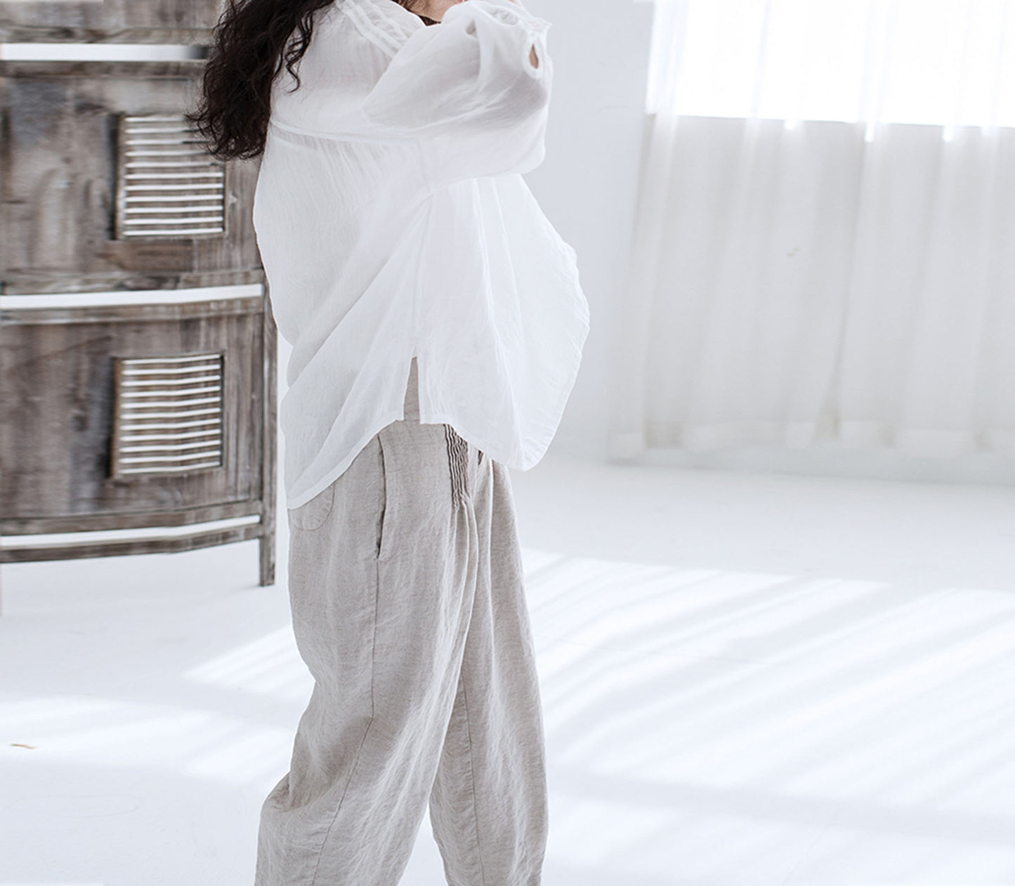 edoa Crinkled Ramie Victorian Top with Ruffled Neckline 