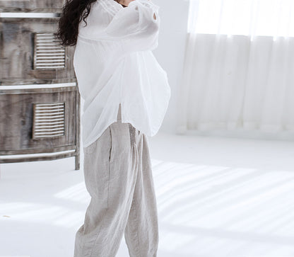 edoa Crinkled Ramie Victorian Top with Ruffled Neckline 