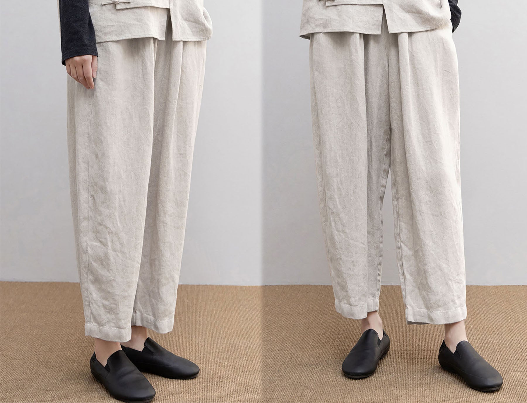 edoa Twill Flax Linen Tapered Pants with Elastic Waistband