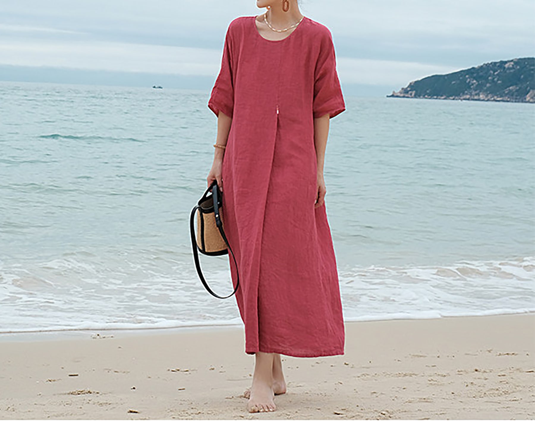 edoa French Linen Pleated Maxi Dress 