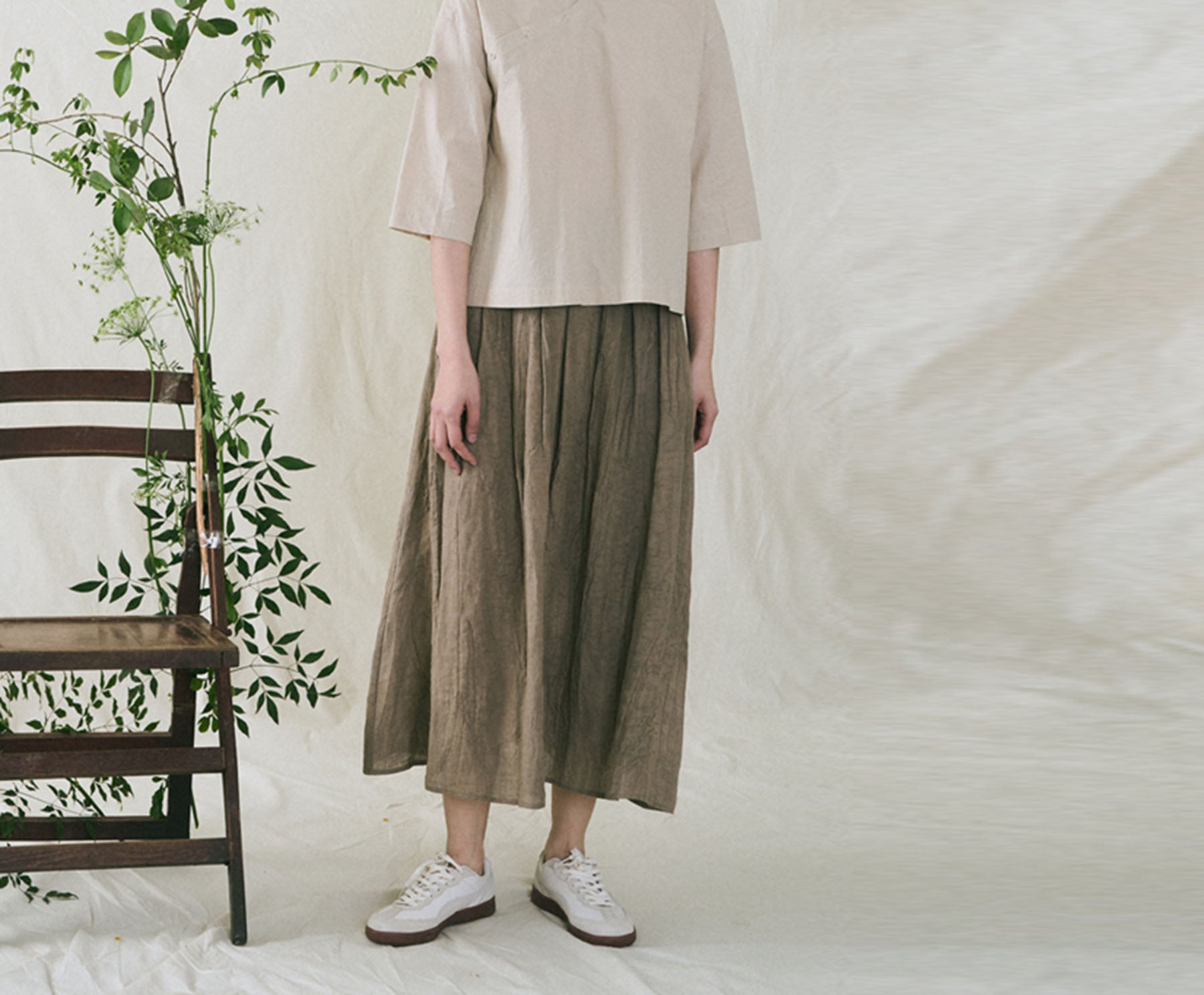 edoa Distressed Crinkled PIgment Dyed Linen A-line Pleated Skirt
