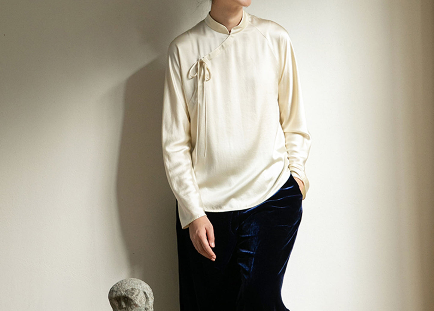 edoa Stone Washed Silk Satin Chinese Blouse